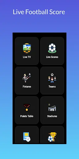 Stream East app home menu with Live TV, Live Scores, Fixtures, Teams, Points Table, and Stadiums